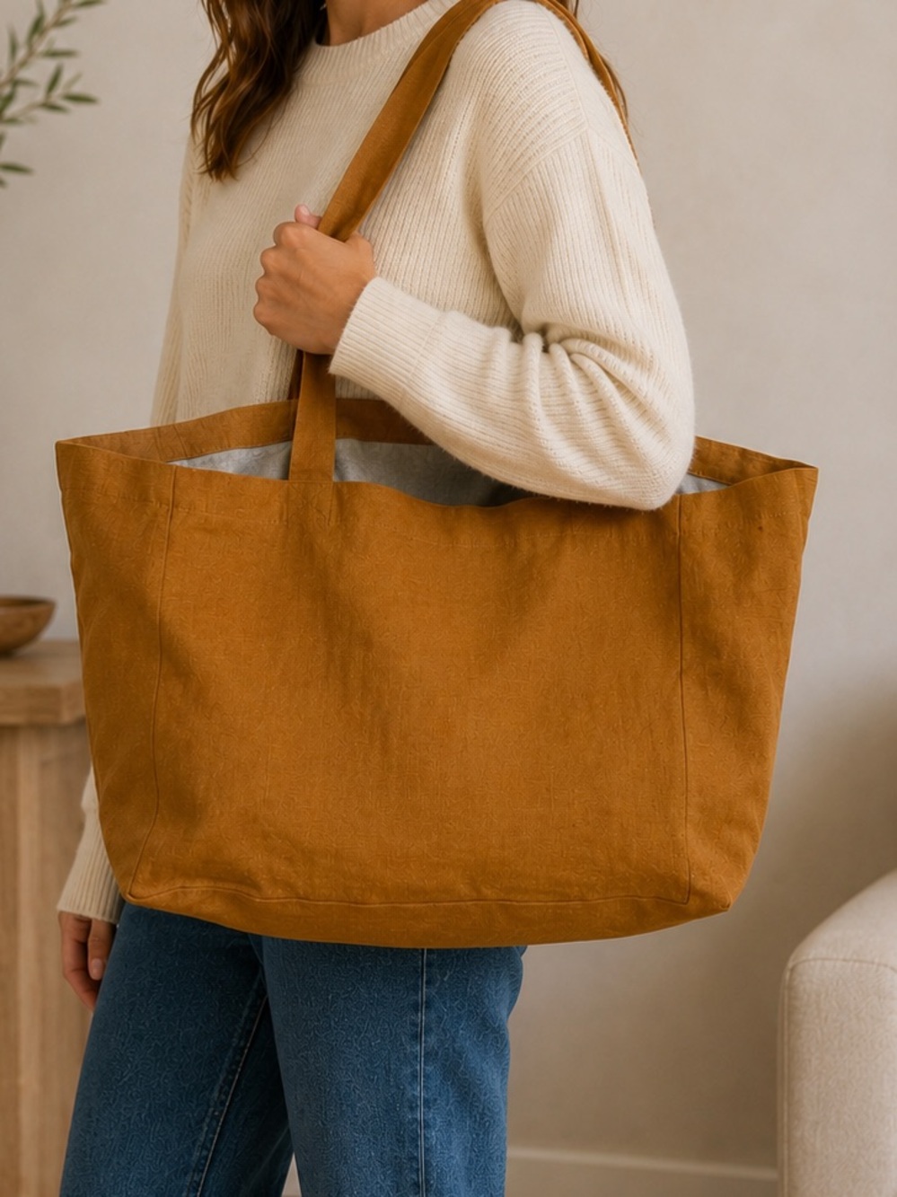 Large Linen Canvas Tote Bag in Camel Brown